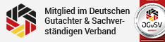 Mitglied im Deutschen Gutachter und Sachverständigen Verband, geprüfter Sachverständiger für Online-Marketing. Kleines Mitglieds-Banner des DGuSV mit Verbandssiegel.